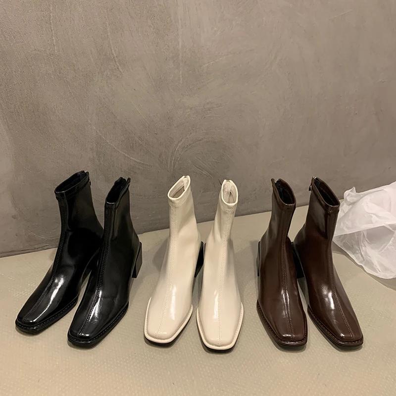Fashion Vintage Winter Square Toe Women Ankle Boots Fashion Zippers Short Booties Designer Thick Heels Botas De Mujer