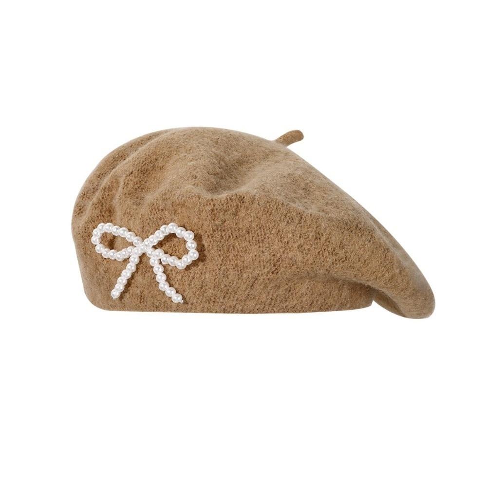 Knitted Bow Beret Solid Color Beanie Cap Streetwear Wool Beret  Street Photography