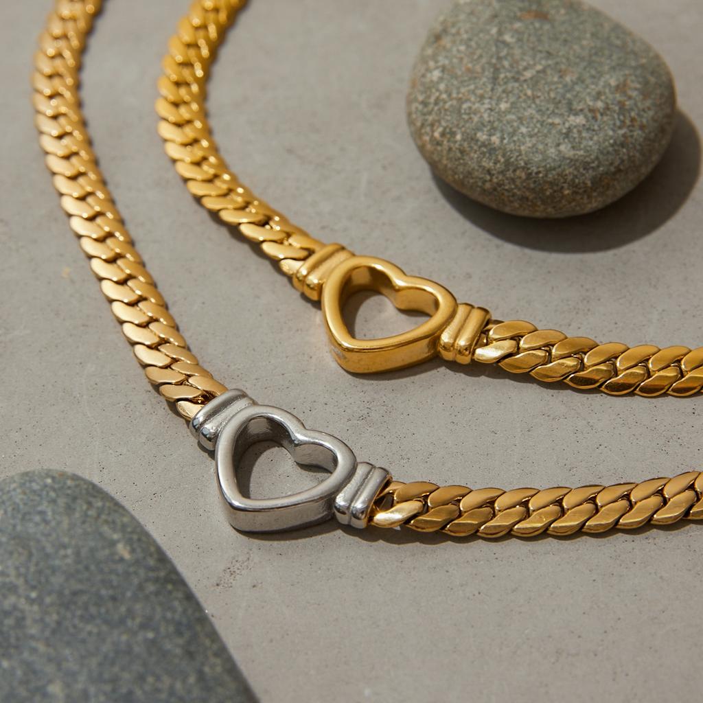 Yori 14K Gold Hollow Heart Flat Snake Chain Necklace Vintage Stainless Steel Elegance Jewelry Gift for Women