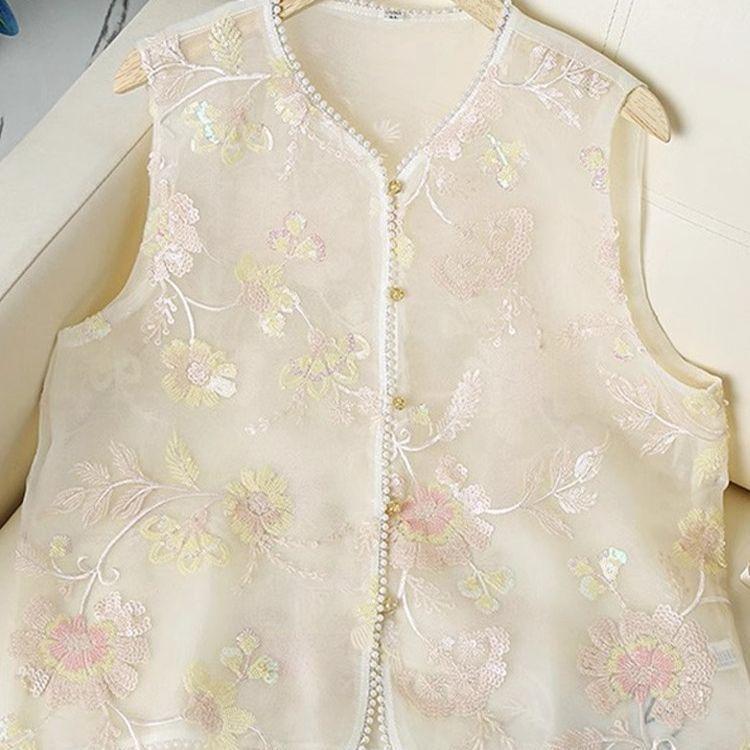 

Тонкий вышитый жилет летний повседневный с жилетом без рукавов жилет топ M [Recommended within 50kg]