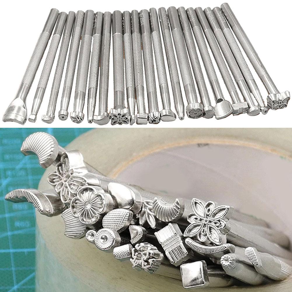 Leather Stamp Printing Tool Kit 20 Pieces Steel Carving Punch Tools for Leather Crafting Projects Including Wallets Belts Bags
