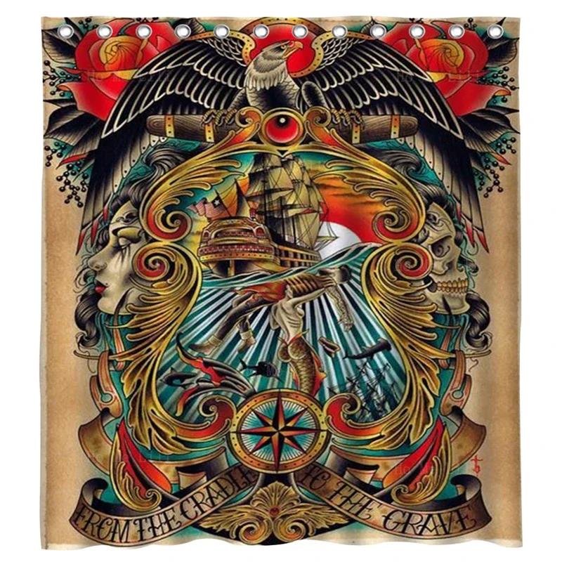 Neo Old School Tattoo Pop Art Lighthouse And Eagle American Traditional Style Shower Curtain By W60H190(CM)-1 Pcs