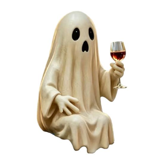 Lazy Ghost Figurine Halloween Skeleton Figurine, Spooky Drunk Holding Wine Glass Resin Sculpture, Gothic Desk Ornament Decor for Bar Bookshelf,