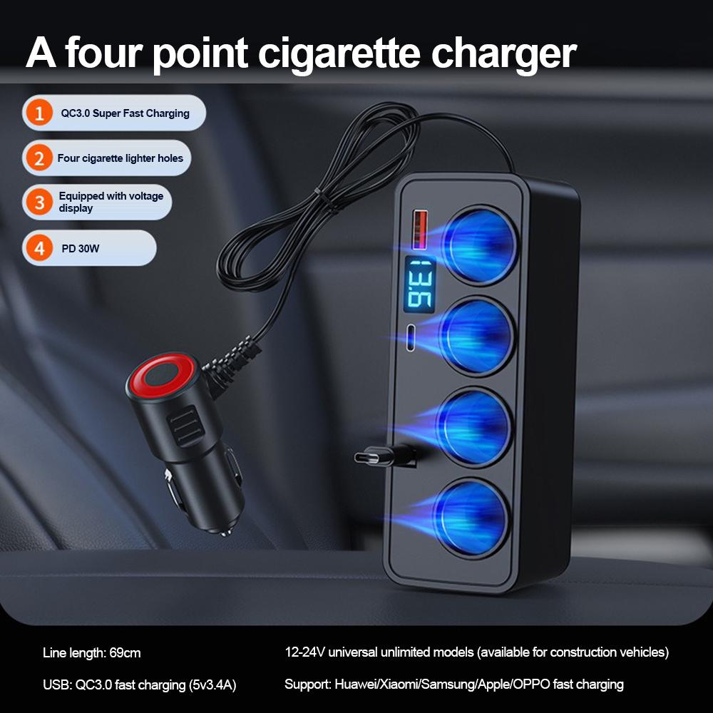 Adaptador de Acendedor de Cigarros para Carro 120W QC3.0+PD30W Carregamento Rápido com Cabo Retrátil Display de Tensão Carregador USB para Carro 12V/24V
