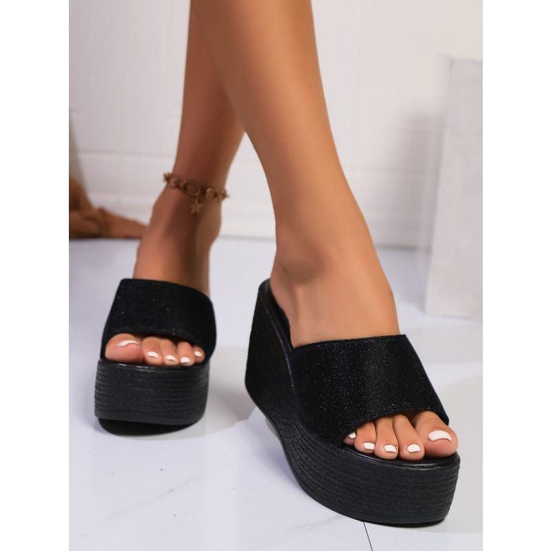 Women's Outerwear Slope Heel Slippers Women's Summer New Thick-bottomed Sequin Internet Celebrity Fashion Casual One-word Cool Slippers
