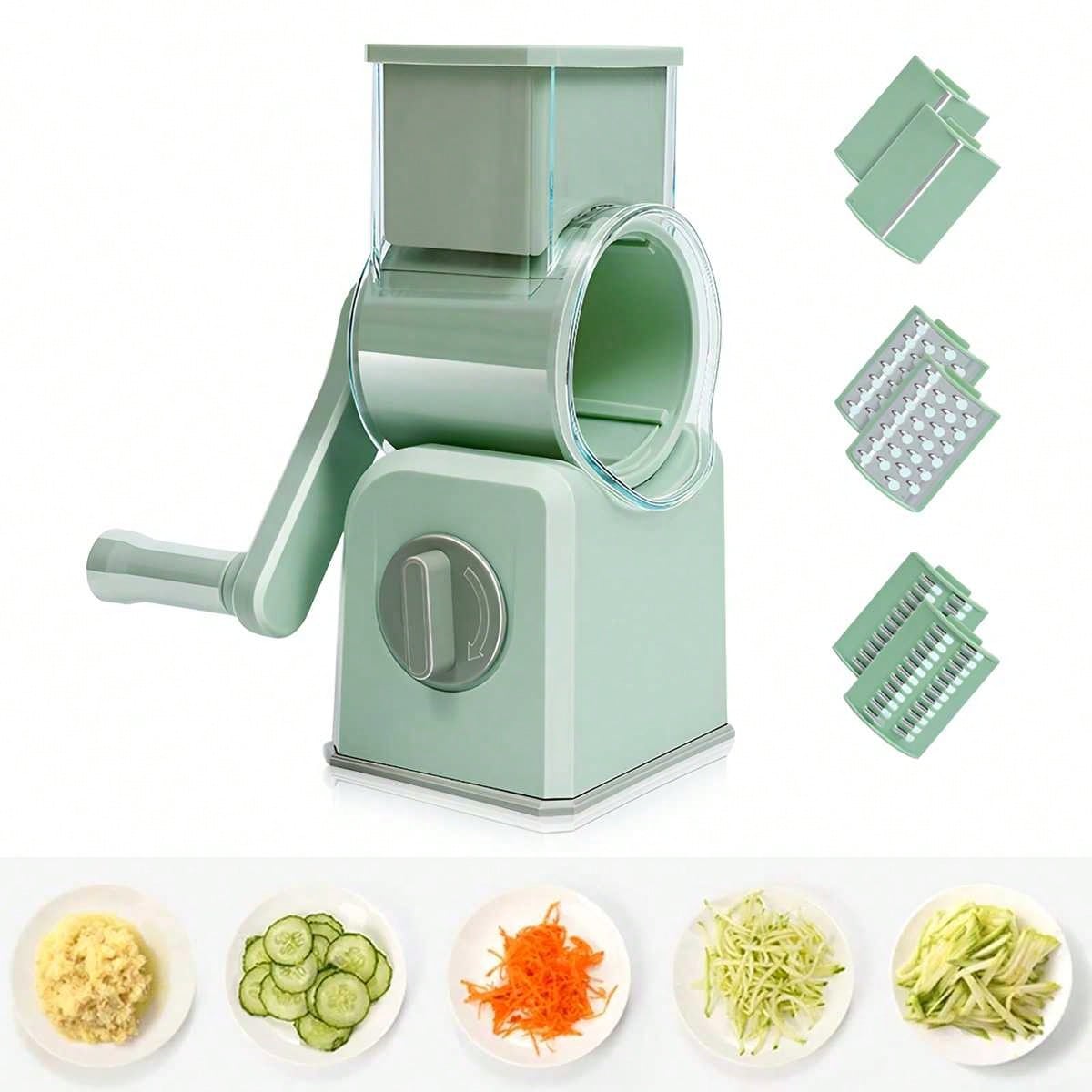 

1 Набор Многофункциональная барабанная овощерезка с ручным приводом Домашняя кухонная измельчитель Паста-мейкер Набор кухонных гаджетов (с 4 лезвиями) светло-зеленый