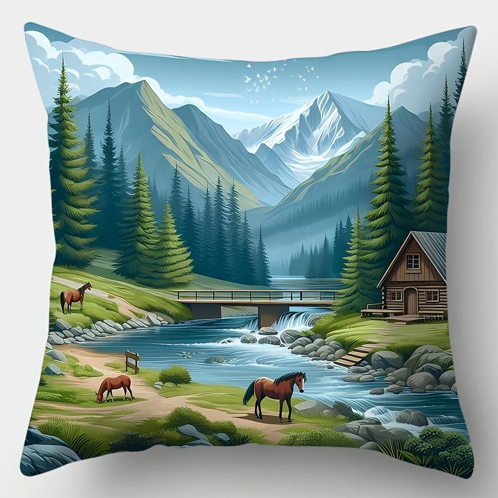 4PCS Seasonal Scenery Pillow Covers, Sofa Cushion Covers, Zipper Closure, Woven Style Lumbar Pillow Cases, for Living Room