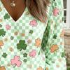 V-necked lantern-sleeve design women's long-sleeved top, lucky three-leaf clover print loose and slimming long-sleeved top
