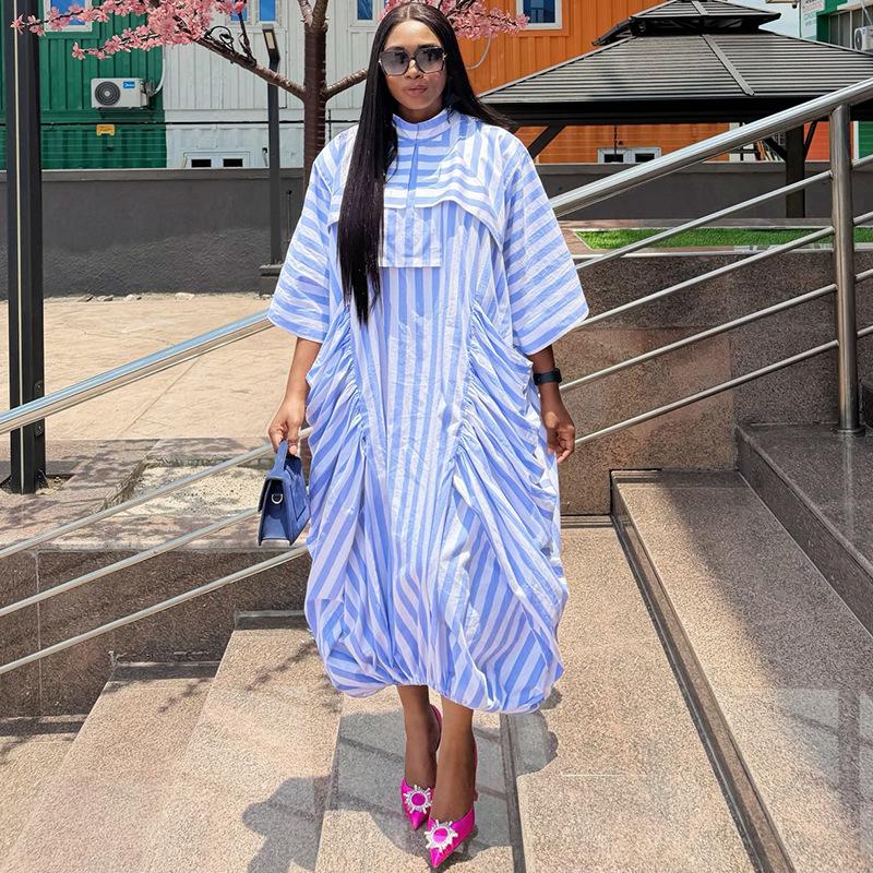 European and American women's clothing summer new fashion semi-turtleneck bat sleeve loose pocket striped dress dress
