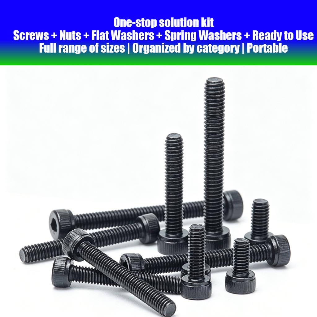 370pcs/12.9 Grade Black Hex Socket Head Cap Screws, Nuts, and Flat Washers Set; DIN912 Metric Bolt Fastener Set; M4 and M5 Bolts