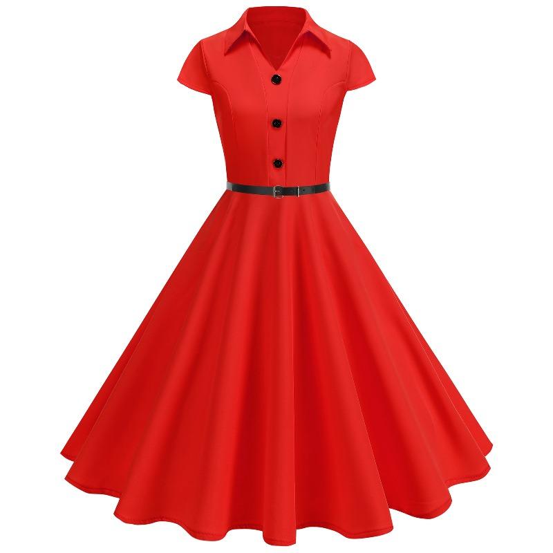 QICED Fashion Summer Spring Solid Color Print Short Sleeve V-Neck Casual Dresses