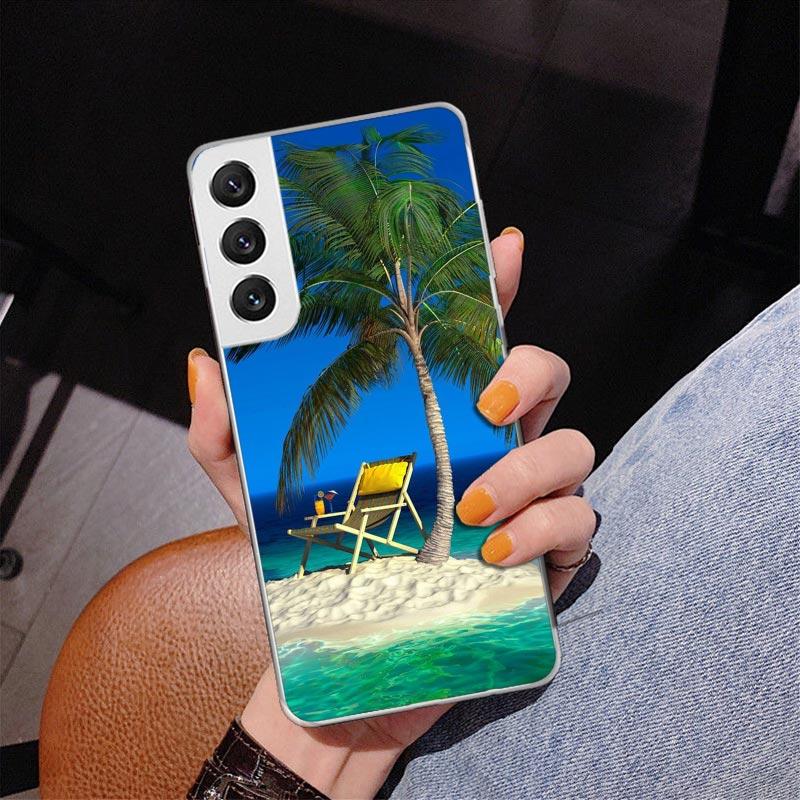 Sommerstrand-Sonnenuntergangs-Meerpalmen-Handyhülle für Samsung Galaxy S24 S25 Edge S26 Ultra S23 S22 S21 Plus S20 FE + personalisiertes Pr