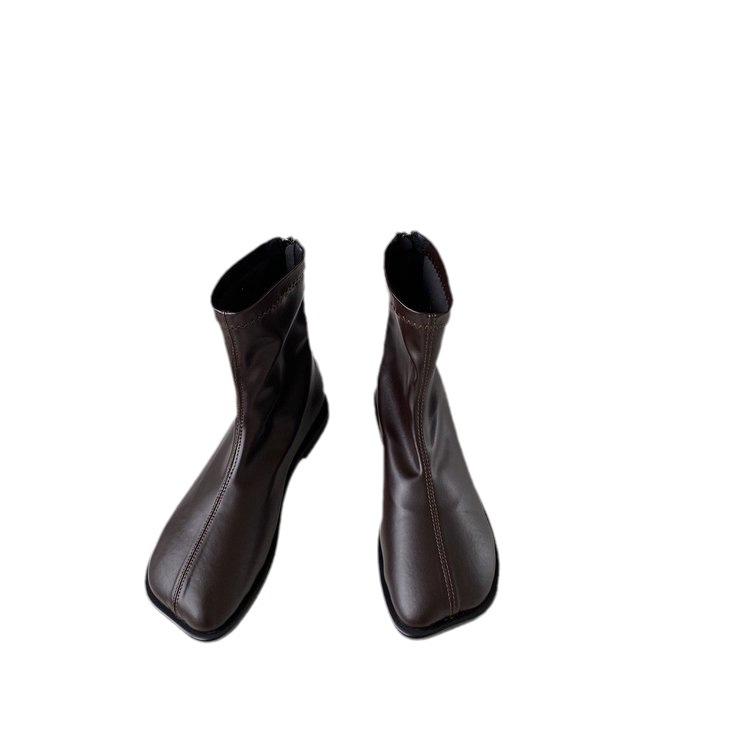 Short boots women's autumn and winter single boots new square head flat bottom boots rear zipper simple soft leather versatile and bare boots