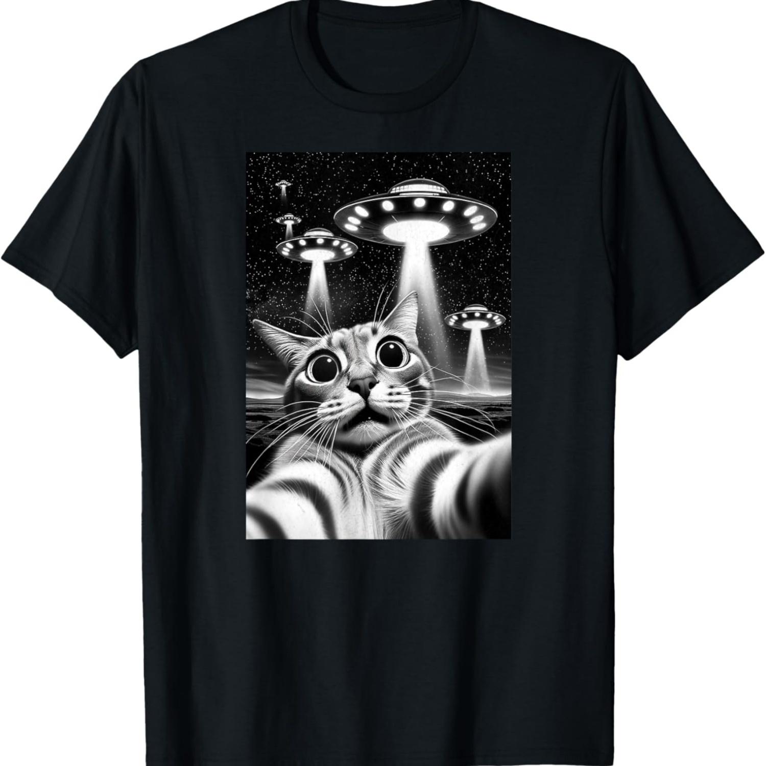 Кот НЛО _ Забавный Мем Вторжения Ретро Инопланетный Кот НЛО Селфи Футболка S чёрный