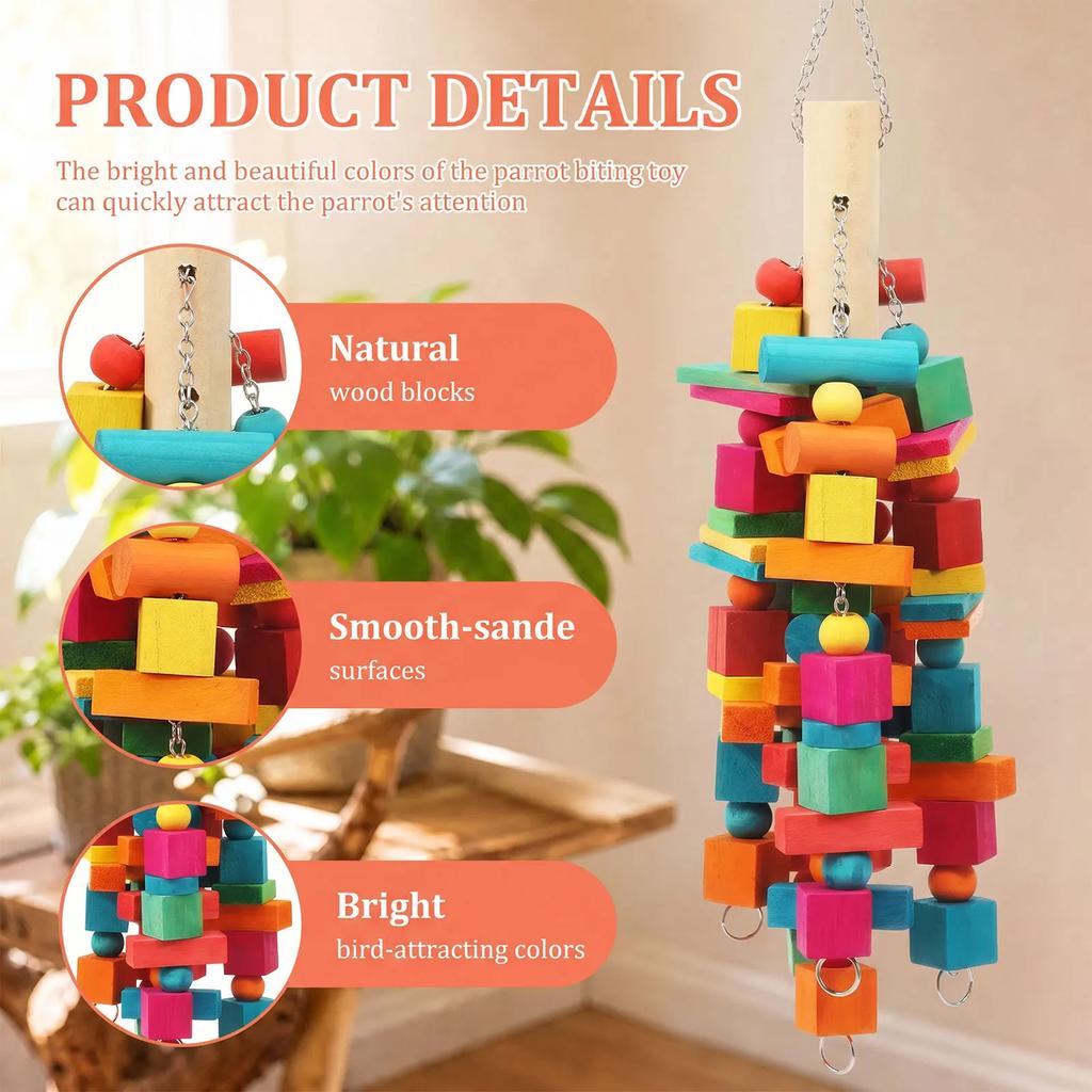 Parrot Toy Wooden Bird Chew Toy with Hook Multicolored Parrot Chewing Toy Birdcage Accessories Pet Supplies for Macaw Cockatoo