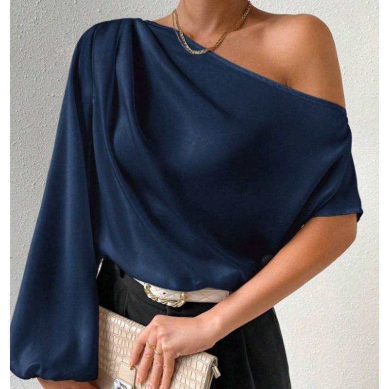 Sexy Elegant Skew Collar Long Sleeve Casual Blouses Women Fashion Off Shoulder Temperament Women's Shirts Tops Solid Simple Slim Fit Lady Blouse 26399