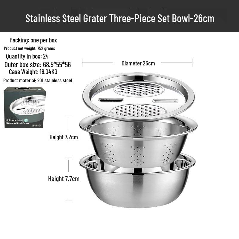 Multifunctional Stainless Steel Grater and Drain Basin Set with Slicer and Non-Magnetic Rice Sieve