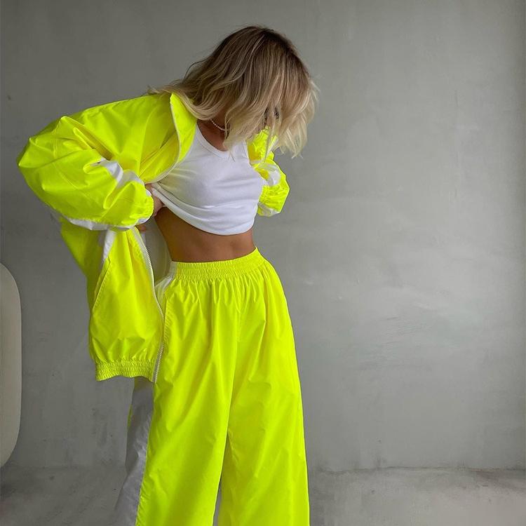 FLARORA Mode Color-Blocking 2-teilige Sets Damen Langarm Reißverschluss Lockere Jacken und Gerade Bein Hosen Outfits Street Trainingsanzüge