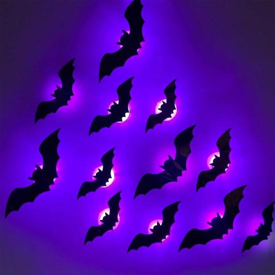 LED Wall Lamp Halloween Stickers, Glow-in-the-Dark Bat & Spider Decorations, Battery-Powered Hanging Ornaments Decor for Haunted House Party,