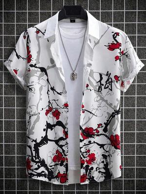 Manfinity Homme Herren Lässiges Kurzarm-Kragenhemd mit floralem Grafikdruck ohne T-Shirt, für den Urlaub