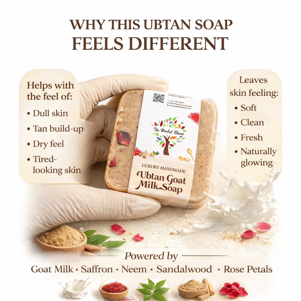 The Herbal Blend Luxury Handmade Ubtan Goat Milk Soap, Saffron, Neem, Sandalwood & Rose Petals, Traditional Care for Tan Removal, Deep Cleansing an