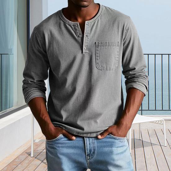 Men T-shirt Round Neck Buttons Collar Long Sleeve Tee Shirt with Front Pocket Solid Color Slim Fit Casual Tops
