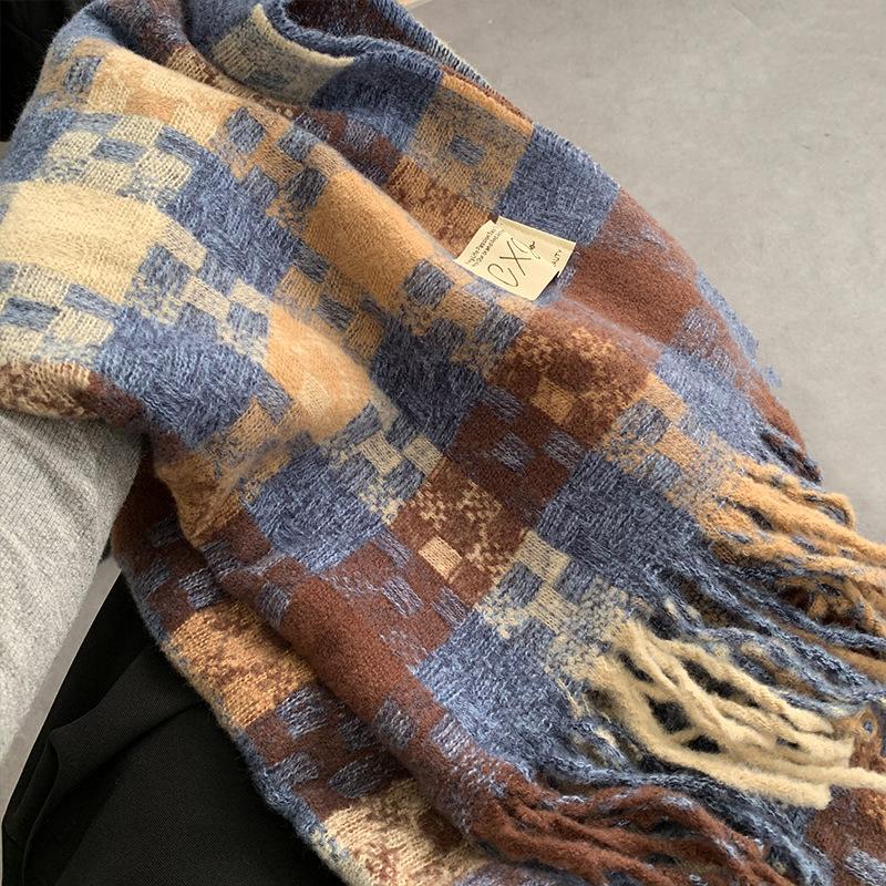 

Контрастный клетчатый шарф для женщин Зимний Высококачественный Кашемировый, похожий на флис Универсальный Атмосферный Теплый Шарф для шеи