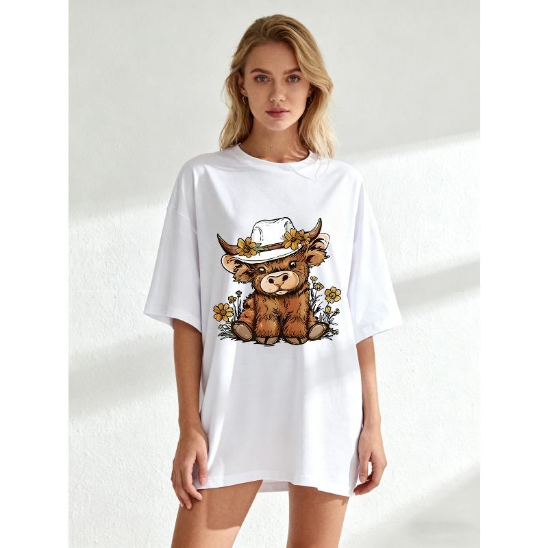 Oversized T Shirt Black Cute Bull Wearing Cowboy Hat With Flowers Print Casual Summer Outfit For Women