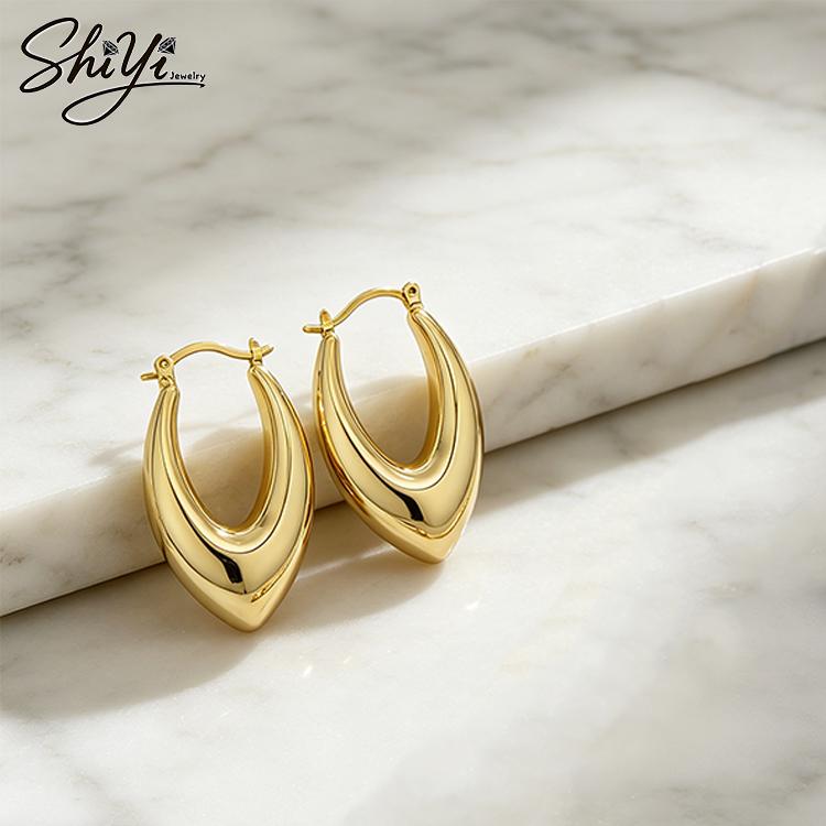 Minimalist Chunky Teardrop Hoop Earrings 14K Gold Plated Copper Thick Geometric Earrings Elegant Office Female Jewelry золотой