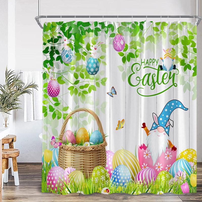 Spring Easter Bunny Shower Curtains Leaves Wildflower Watercolor Floral Rabbit Rustic Farmhouse Bathtub Bathroom Curtain Decor
