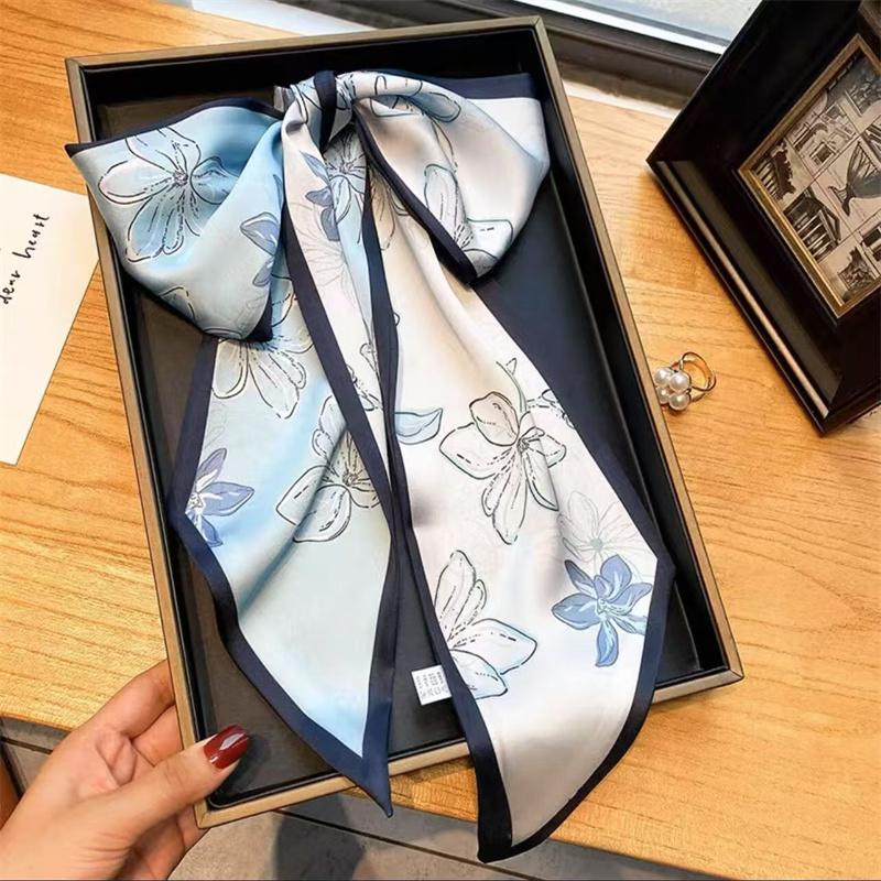 Fashion Blue Print Silk Scarf Women Soft Satin Horse Hairband Bevel Neckerchief Office Hijab Headband Foulard Bag Ribbons Gift