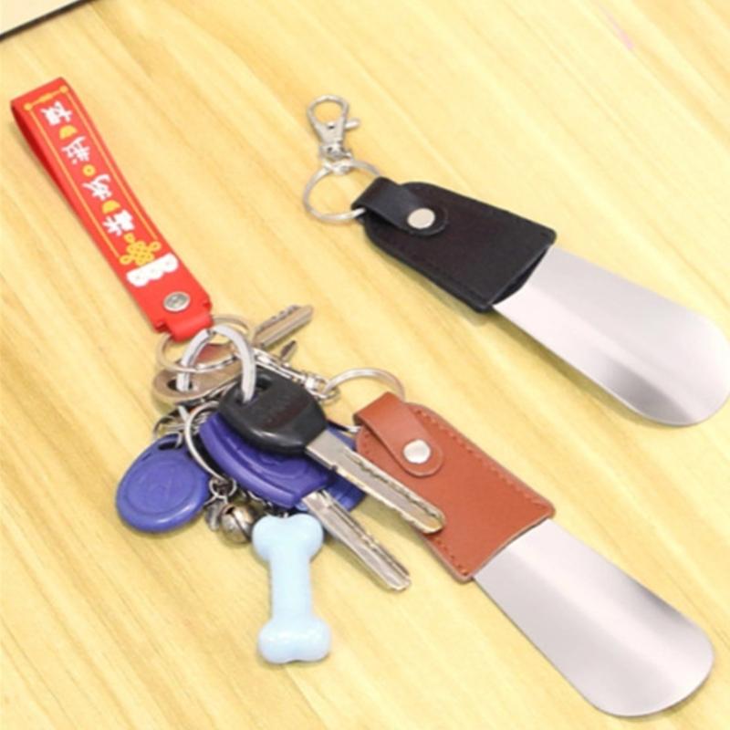 Stainless Steel Shoe Horn With Leather Strap and Keychain Compact Portable Design For Travel Kids Elderly Footwear Aid