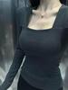 Women's Elegant Slim Fit Square Neck Long Sleeve T-Shirt - Solid Color, Versatile Spring & Autumn Style
