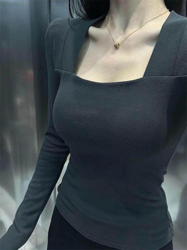 Women's Elegant Slim Fit Square Neck Long Sleeve T-Shirt - Solid Color, Versatile Spring & Autumn Style