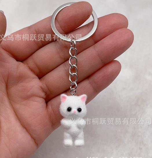 Resin Flocked 3D Cat Keychain with Metal Ring and Chain Cute Small Animal Pendant Accessory for Bags Keys and Decoration