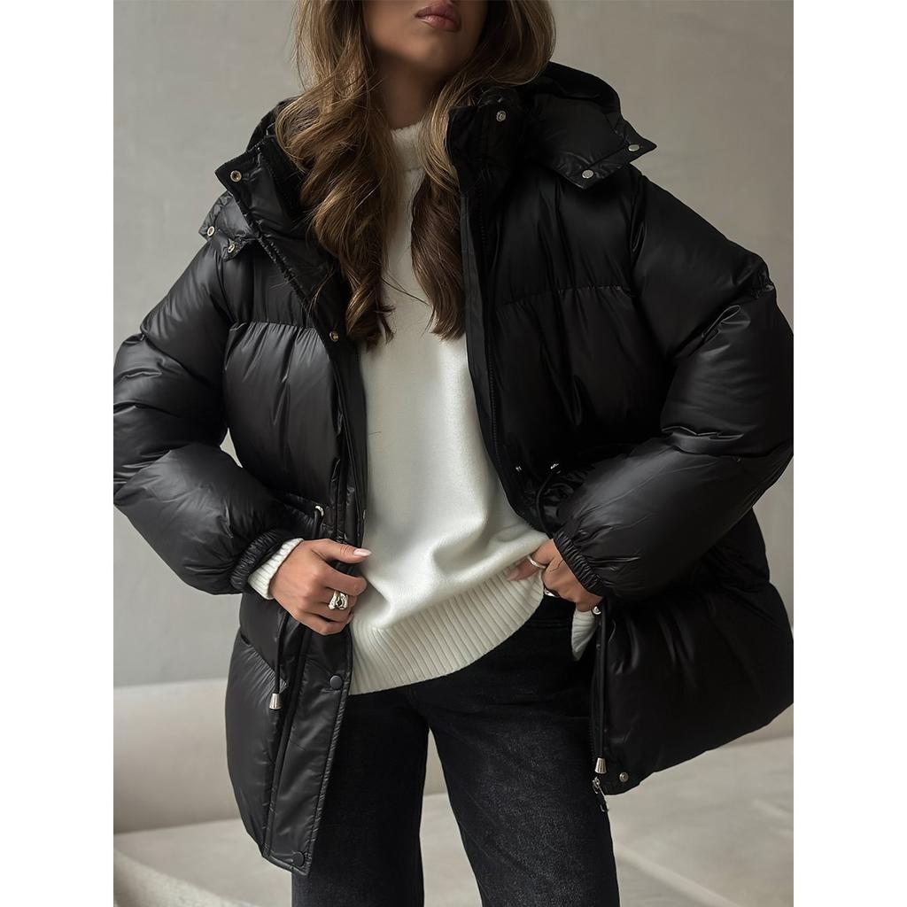 2025 Winter New Women's Drawstring Slim Fit Cotton Coat with Hood Zipper Warm Comfortable Outerwear for Europe and America