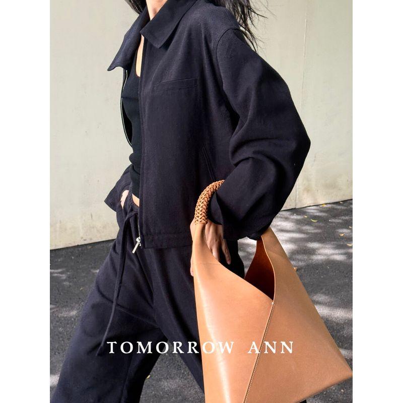 

Tomorrow Ann Long-Staple Cotton Lapel Zipper Casual Denim Short Coat for Women 2025 Autumn Loose-Fitting Jacket Top Black One size