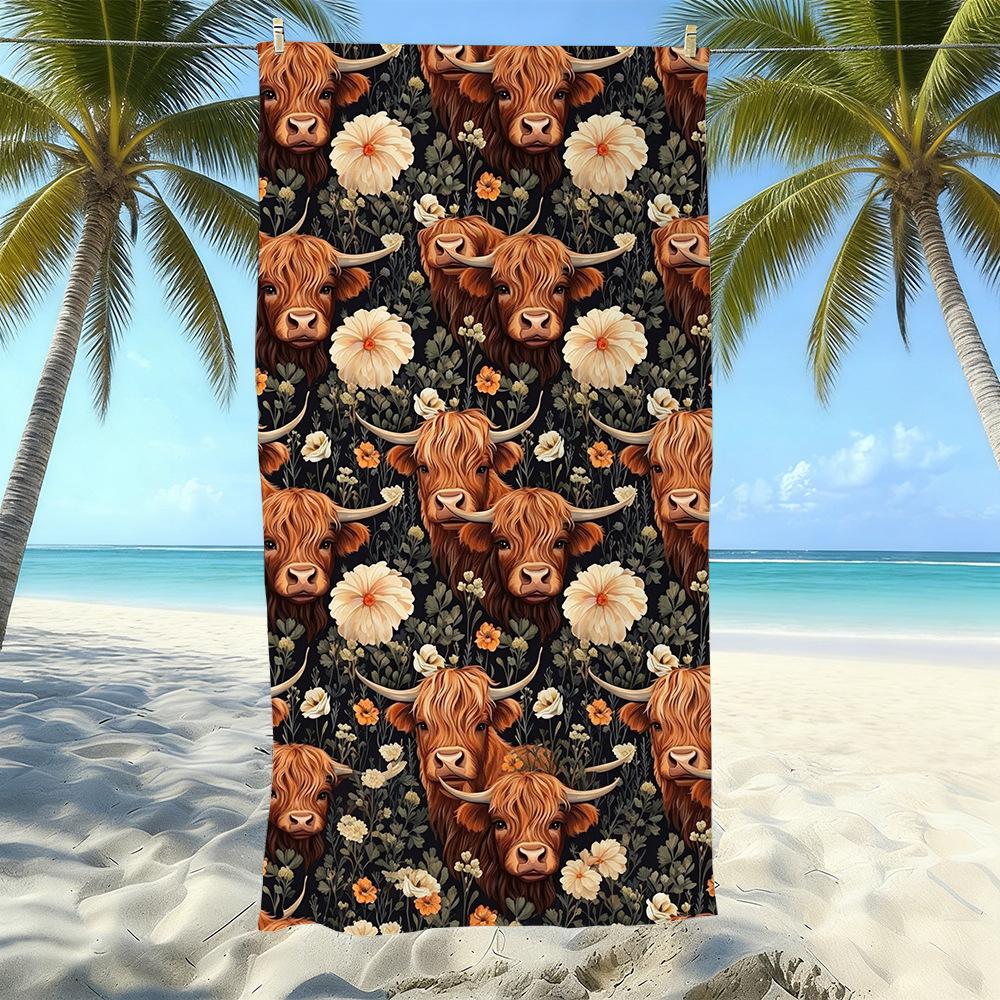 Europäisches und Amerikanisches Retro Hochlandrind Druck Strandtuch Mikrofaser Verdickt Wasseraufnahme Schnelltrocknend Outdoor Badetuch