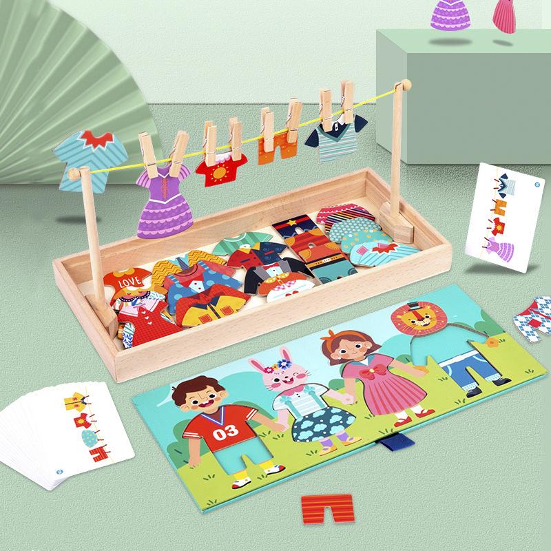 Drying Rack Clothes Dress-Up Jigsaw Puzzle Logical Thinking Matching Sorting Educational Game Kids Montessori Wooden Toys Girls
