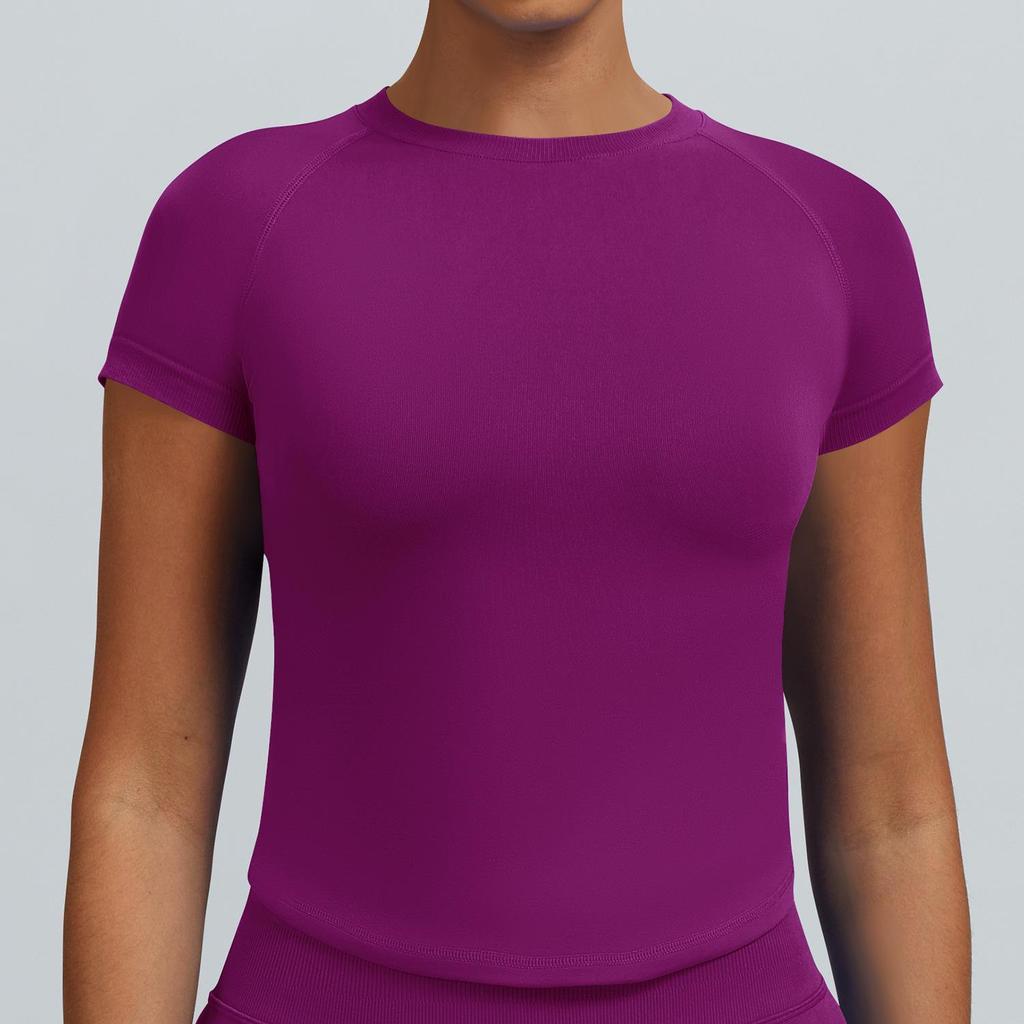 High-Stretch Seamless Nylon Yoga T-Shirt: Moisture-Wicking, Tight-Fit, Hip-Length Short Sleeve