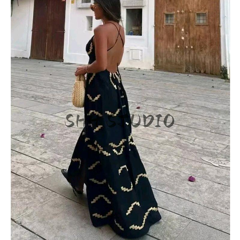 Spring and Summer New Women's Clothing Seaside Vacation Style V Neck Sleeveless Backless High Waist Split Long A- line Dress