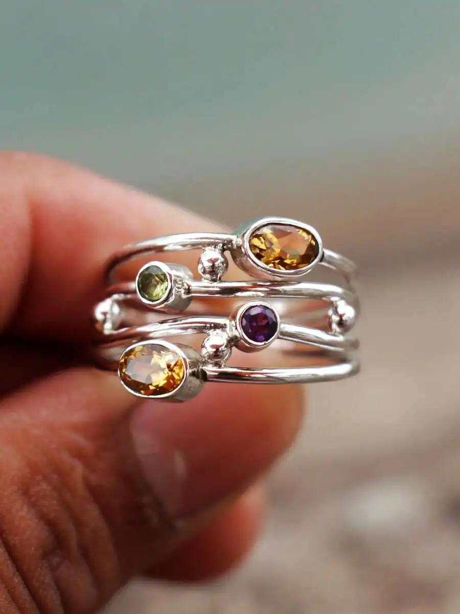 Vintage Mehrstein-Spaltbandring Citrin Amethyst Peridot Edelstein Kupferbeschichtet Wickelringe Bohemian Handgefertigt Damen Stapelbar 11