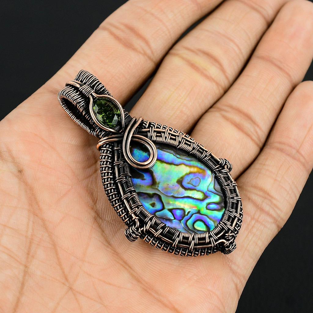Abalone Shell 999 Copper Wire Wrapped Pendant, Handmade Gemstone Pendant Jewelry, Gifts For Wife Brand New Pendant