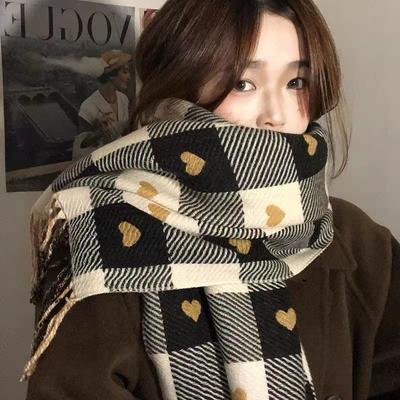 Bufanda dulce de Otoño Invierno para mujer estilo coreano a cuadros pequeño amor Navidad cálida bufanda cálida Vintage