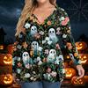 Damen Plus Size Langarm V-Ausschnitt Bluse mit Halloween-Print Lässiges Tunika-Oberteil für den Herbst
