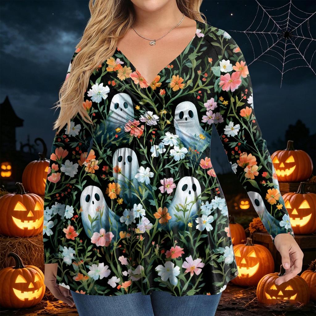 Damen Plus Size Langarm V-Ausschnitt Bluse mit Halloween-Print Lässiges Tunika-Oberteil für den Herbst