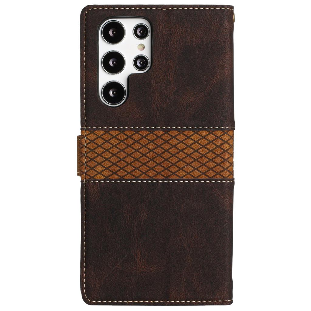 Phone Case for Samsung Galaxy S24 Ultra Grid Splicing Stand PU Leather Wallet Phone Cover with Strap