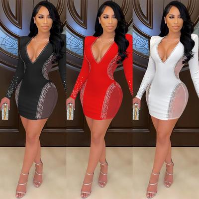 X5337: Robe de soirée sexy à décolleté plongeant et strass avec jupe midi transparente - Nouvelle arrivée Mode Européenne