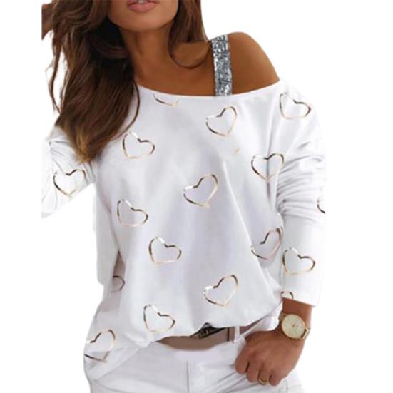 Dámska blúzka s potlačou srdca lomený krk Voľné sexy tričko top sveter na jar jesene