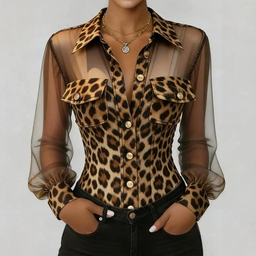 Women's Casual Long Sleeve Leopard Print Shirt with Mesh Panels and Pockets